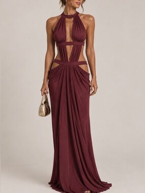 Halter Cutout Dress in Wine Burgundy